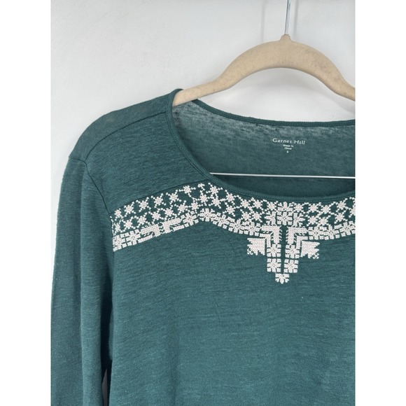 Garnet Hill Organic Linen Mabel Top Women Small Green Embroidered Bohemian - Picture 10 of 10